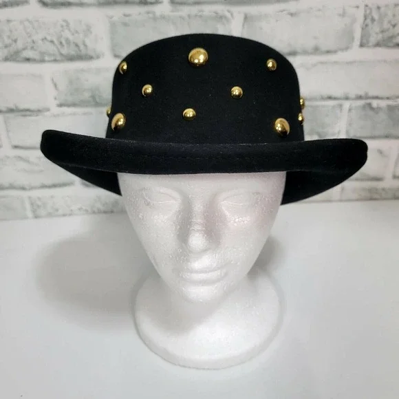 Vintage Black LiteFelt Wool Hat Gold Studded Steampunk Western‎ Bowler Style USA - Picture 3 of 9